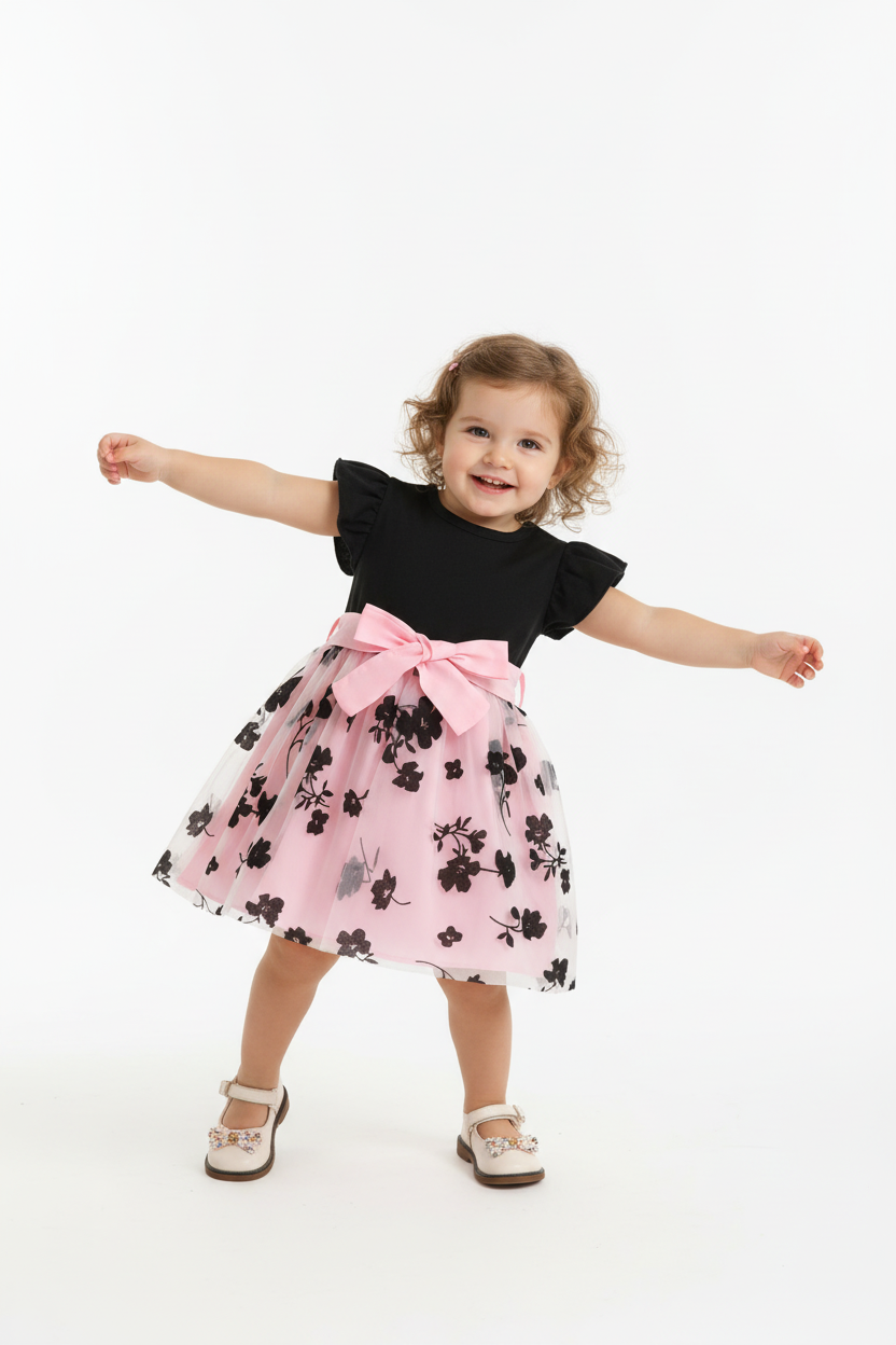 Petite fille en robe noire et rose à fleurs - pose dansante