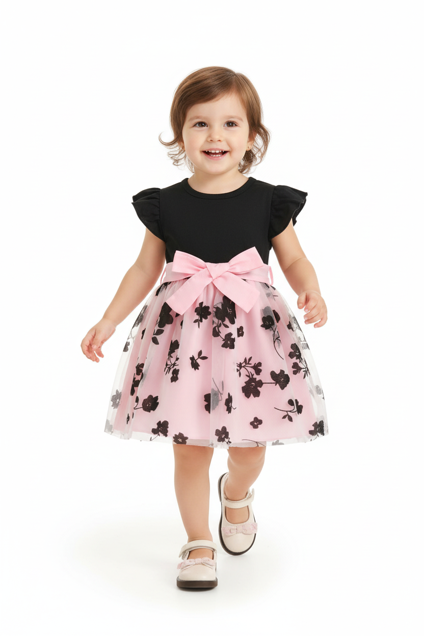 Petite fille en robe noire et rose à fleurs - pose en marche