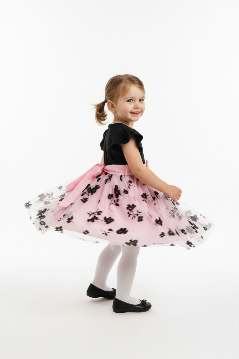 Petite fille en robe noire et rose à fleurs - pose tournoyante