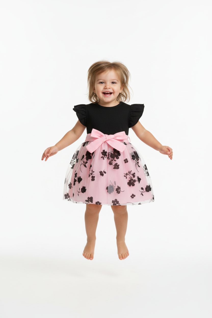 Petite fille en robe noire et rose à fleurs - saut joyeux
