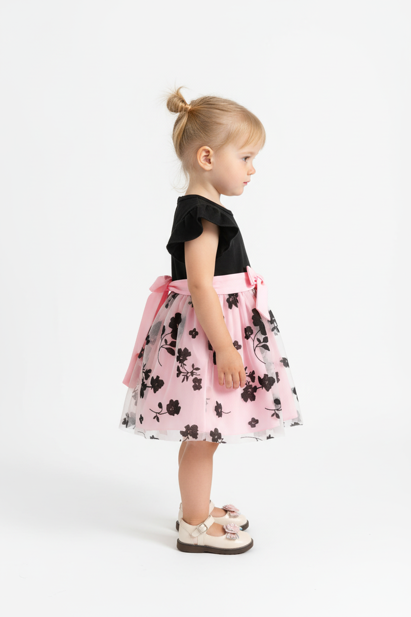 Petite fille en robe noire et rose à fleurs - vue de côté
