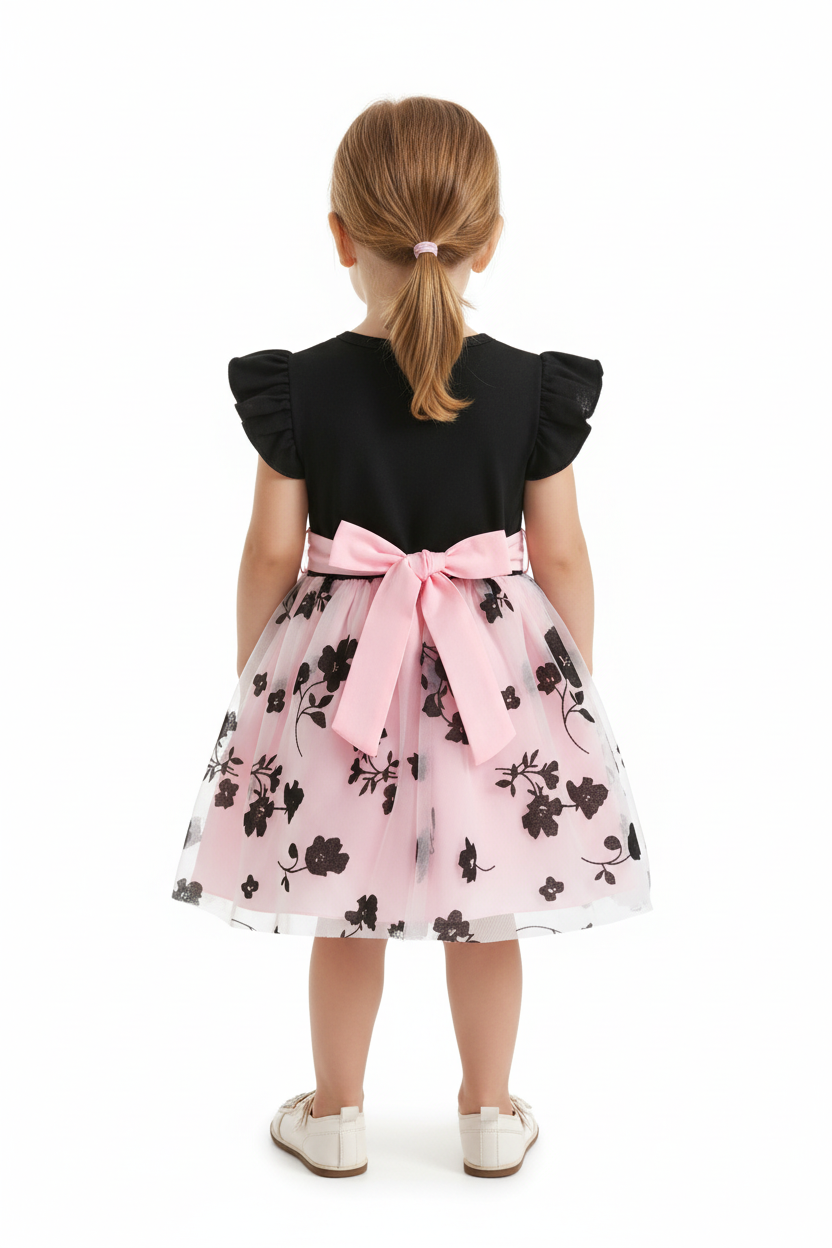 Petite fille en robe noire et rose à fleurs - vue de dos