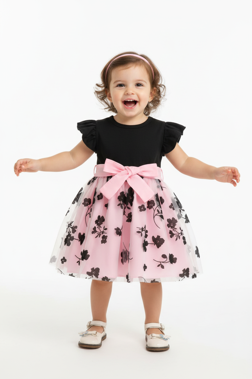 Petite fille en robe noire et rose à fleurs - vue de face