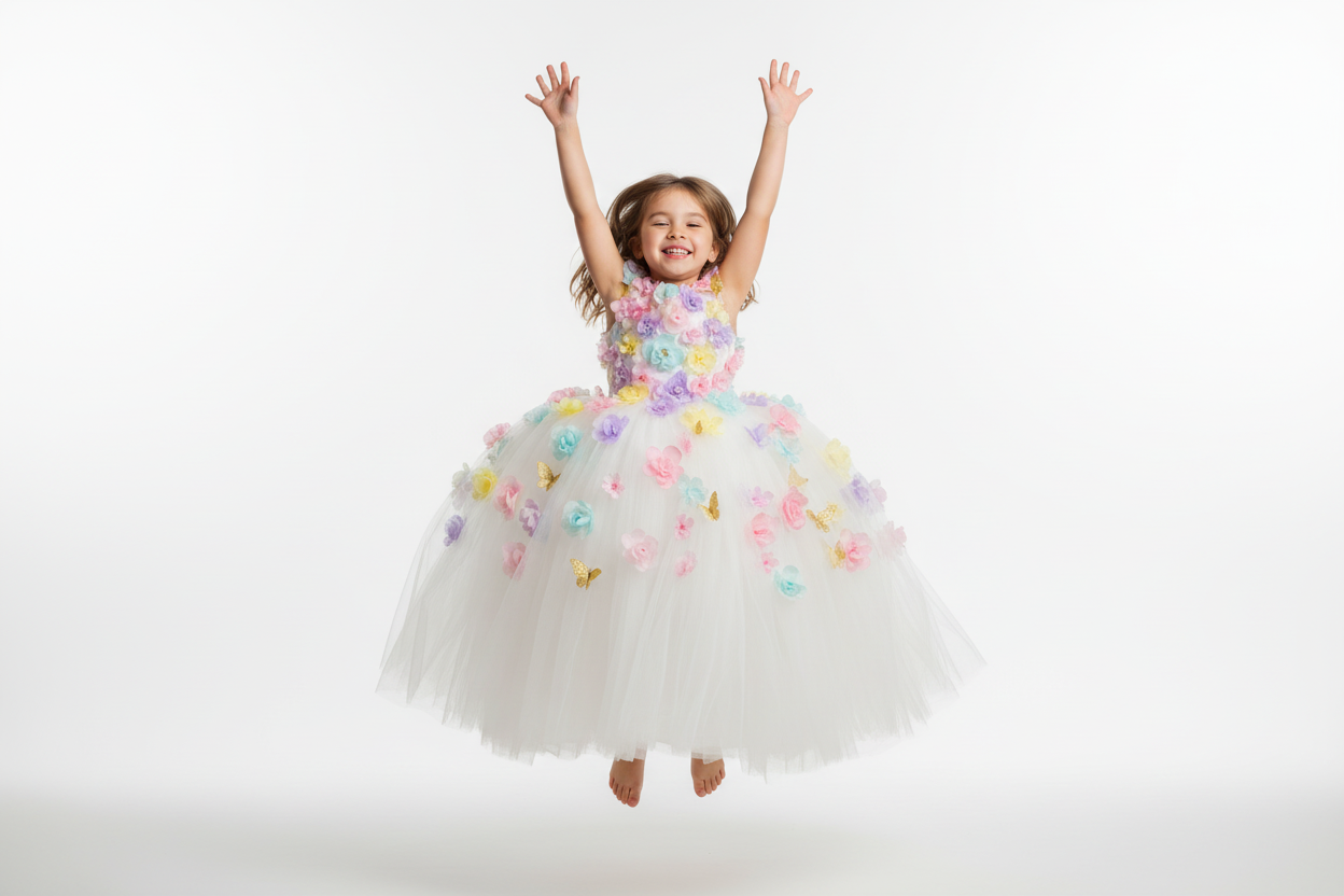 Petite fille qui saute : "Petite princesse sautant de joie les bras levés, habillée d'une robe blanche de conte de fées avec appliqués floraux 3D multicolores (rose poudré, lavande, crème, bleu ciel) et papillons dorés pailletés 🌟 - tenue exceptionnelle faite main pour créer des souvenirs précieux, BabyCoton 💕"