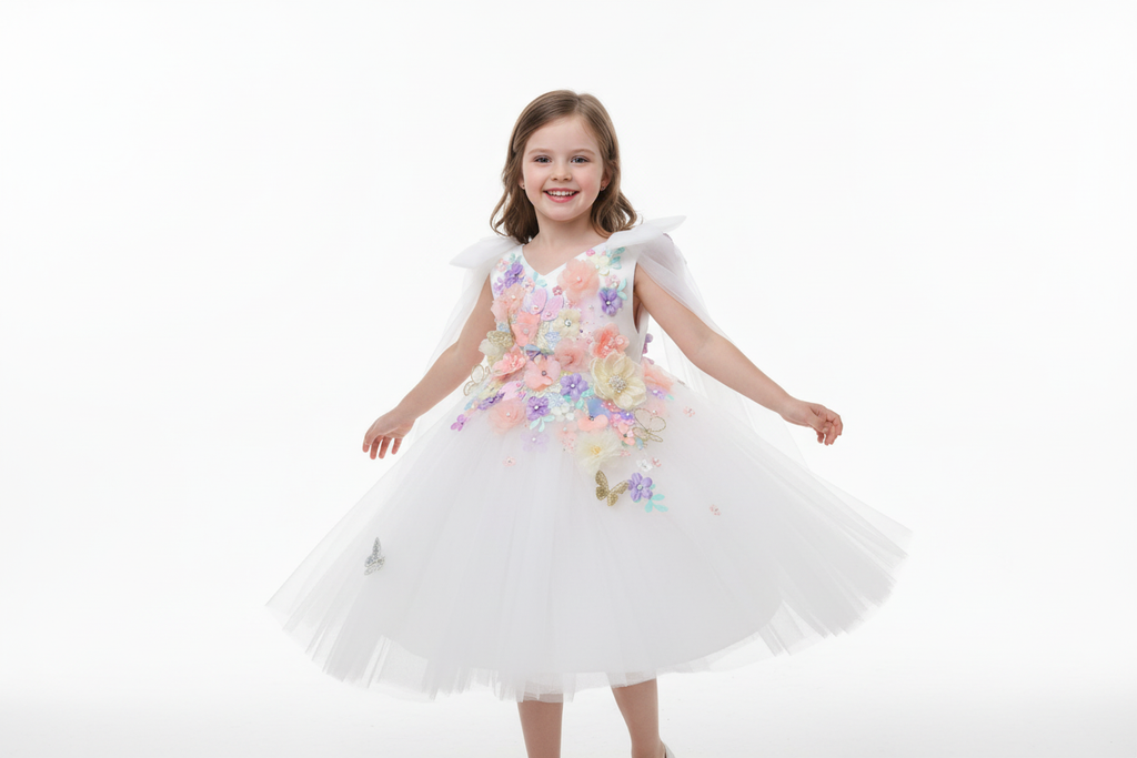 "Petite fille de 5 ans virevoltant gracieusement dans une robe blanche féerique avec appliqués 3D de fleurs pastel (rose, violet, jaune, bleu) et papillons dorés brodés à la main 🦋 - jupe en tulle vaporeux en mouvement, moment magique capturé pour baptême ou mariage, disponible chez BabyCoton Suisse ✨"