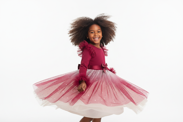 "Jeune fille sautant de joie portant une robe tulle dégradé bordeaux-rose parsemée d'étoiles argentées scintillantes 💖 - manches longues élégantes avec volants, ceinture nœud raffinée, tenue magique pour baptêmes, mariages et fêtes princesse, BabyCoton Suisse 🇨🇭