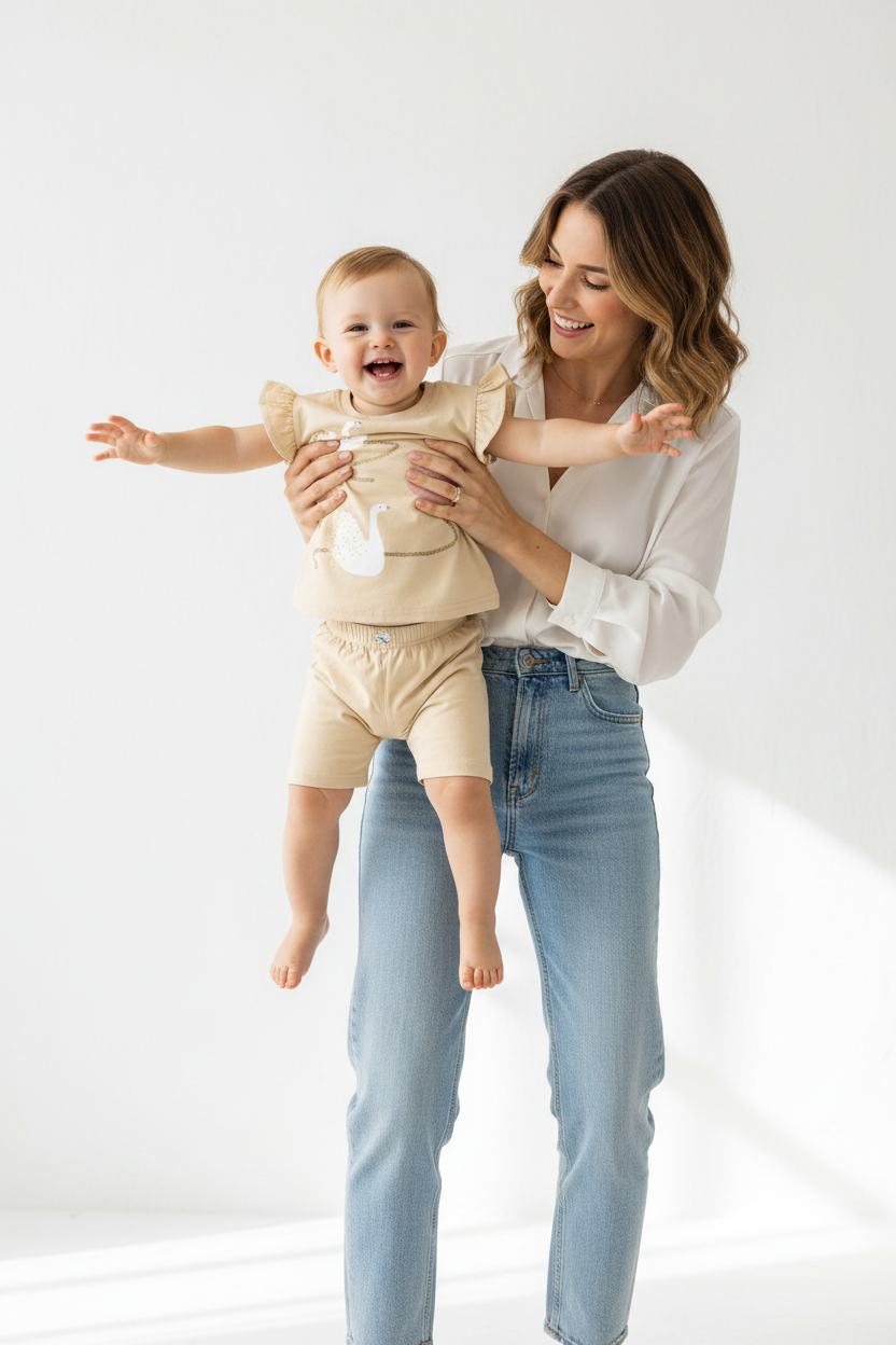  Bébé riante dans les bras de maman, vue de face, bras tendus vers l'objectif.