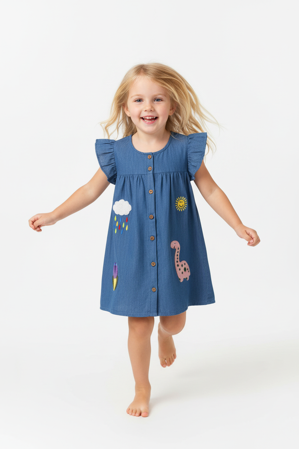  "Fillette 3-6 ans courant joyeusement en plein mouvement - Robe denim bleu jean avec manches courtes volantées froncées, boutonnage devant avec boutons marron décoratifs, appliqués colorés ludiques : nuage blanc avec pluie arc-en-ciel (gouttes bleues, jaunes, rouges), soleil jaune souriant joyeux, fleur violette avec feuille verte, dinosaure rose adorable avec pois verts - Coupe trapèze évasée - Vue de face complète corps entier - Bras qui bougent naturellement - Tenue casual chic ludique - Fond blanc stud