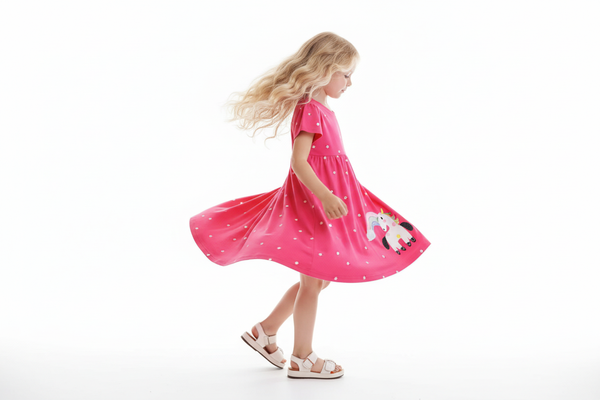 "Robe col rond licorne arc-en-ciel en mouvement - Détail broderie unicorn rainbow - Robe fluide fond blanc studio - Style casual magique - Vêtement enfant premium BabyCoton Suisse"


