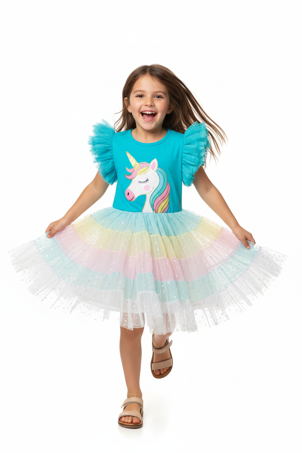 "Fillette 3-6 ans courant joyeusement en plein mouvement - Robe bleu turquoise avec imprimé licorne arc-en-ciel (crinière rose, jaune, bleu pastel), corne dorée, manches courtes volantées froncées bleu turquoise, col rond - Jupe tulle arc-en-ciel multicouches superposées (rose poudré, bleu ciel, jaune pastel) créant effet magique féerique - Vue de face complète corps entier - Bras qui bougent naturellement - Tenue magie féerique licorne - Fond blanc studio professionnel - Photo lifestyle e-commerce BabyCoto