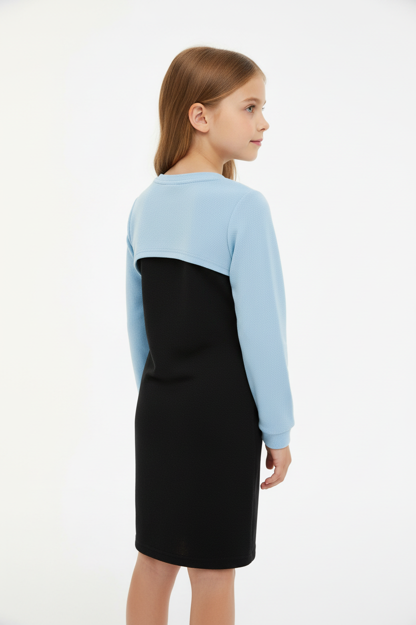 Image 3: Robe fille bicolore bleu ciel et noir avec papillon brodé - Vue arrière trois-quarts