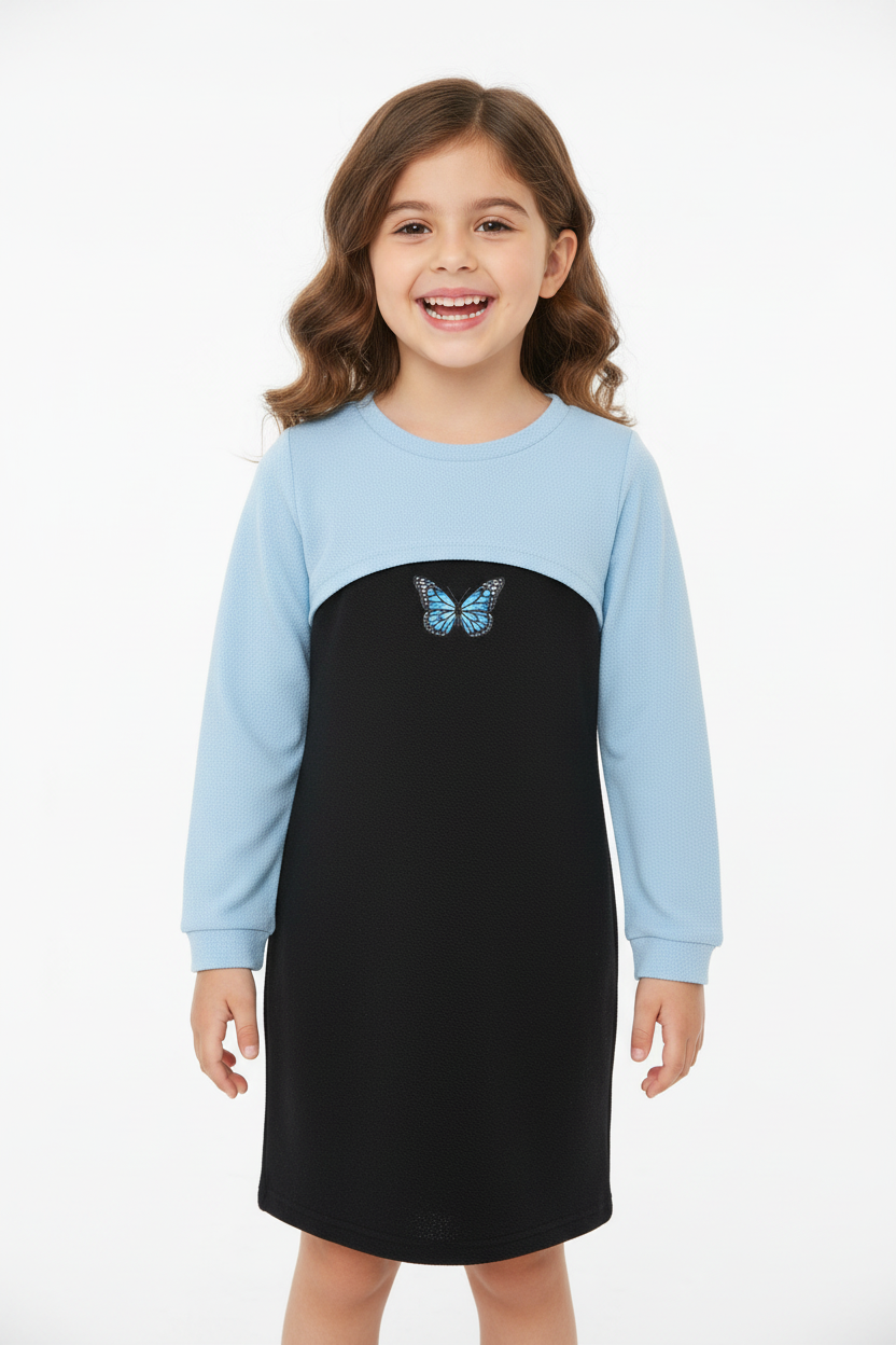 Image 1: Petite fille portant robe manches longues bicolore bleu ciel et noir avec broderie papillon bleu - Vue de face