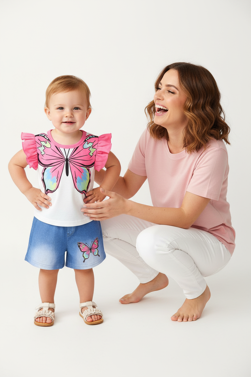 Tenue bébé fille papillon blanc rose — top volants imprimé papillon et short jean bleu brodé, look confiant boutique premium 12 mois