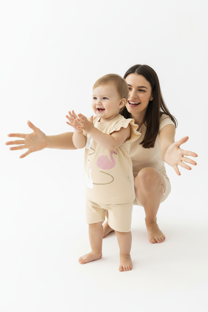 Tenue bébé fille été — ensemble deux pièces top cygne et short beige, vue dos, coton doux bébé