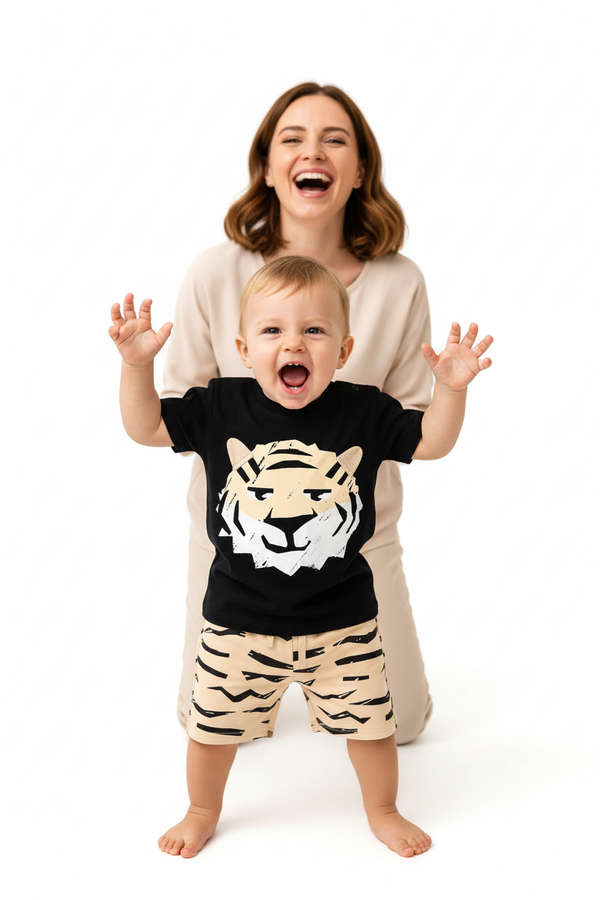 Tenue garçon bébé été — t-shirt tigre noir manches courtes et short élastiqué rayures beige, look audacieux 18 mois