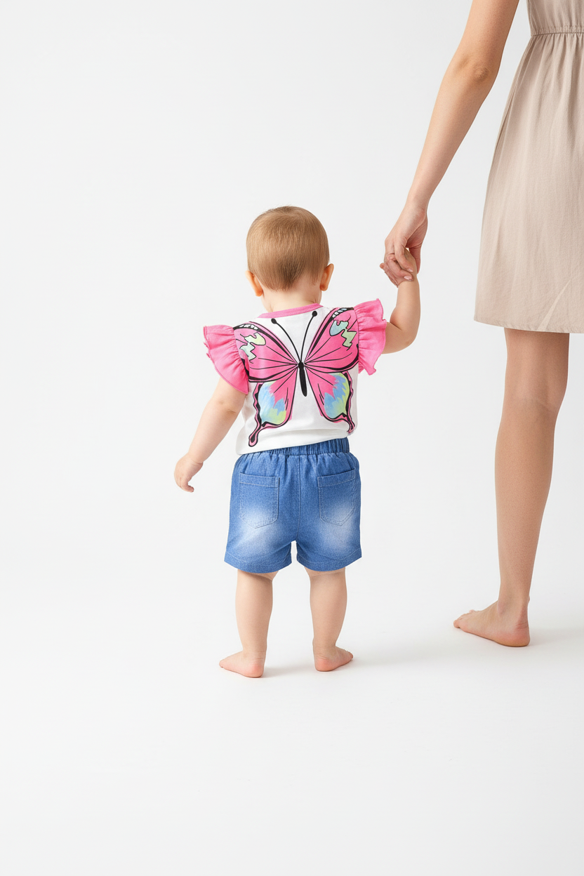 Tenue été bébé fille — ensemble papillon top blanc rose et short jean bleu, vue dos main dans la main maman, tissu doux non-denim