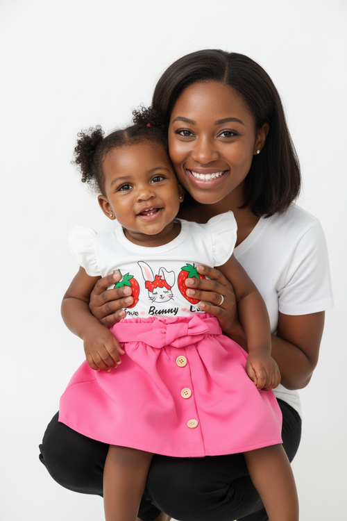  Ensemble bébé fille t-shirt fraise lapin et jupe rose fuchsia - vue 3/4 avec maman - BabyCoton