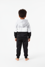 Vue arrière ensemble hoodie color block enfant - dos du hoodie bicolore et pantalon noir détails
