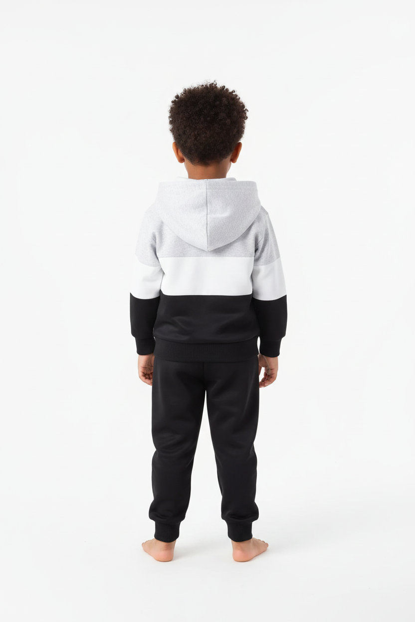 Vue arrière ensemble hoodie color block enfant - dos du hoodie bicolore et pantalon noir détails
