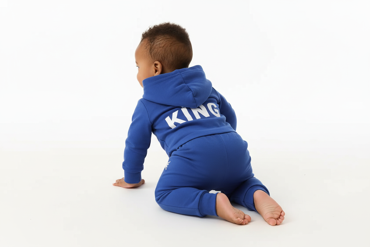 Vue arrière d'un bébé garçon portant un body hoodie bleu avec texte KING et couronne blanc et pantalon bleu assorti
