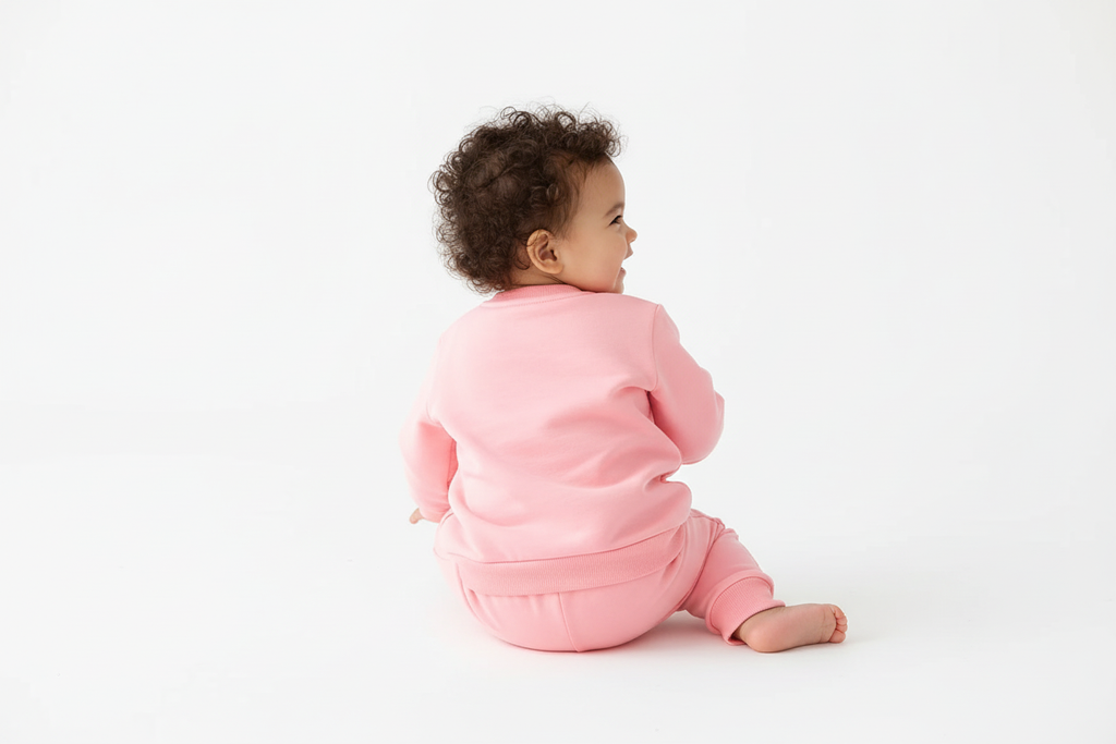 Vue arrière d'un bébé portant un sweat rose col rond avec appliqué cœur en relief rose et blanc et pantalon rose assorti
