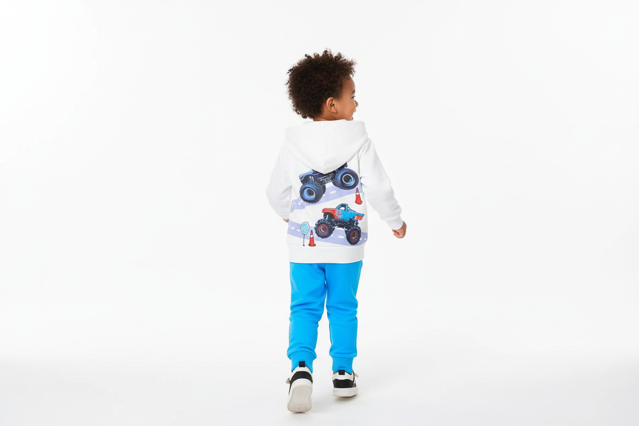 Vue arrière d'un garçon portant un hoodie blanc avec motifs monster trucks colorés et pantalon bleu assorti
