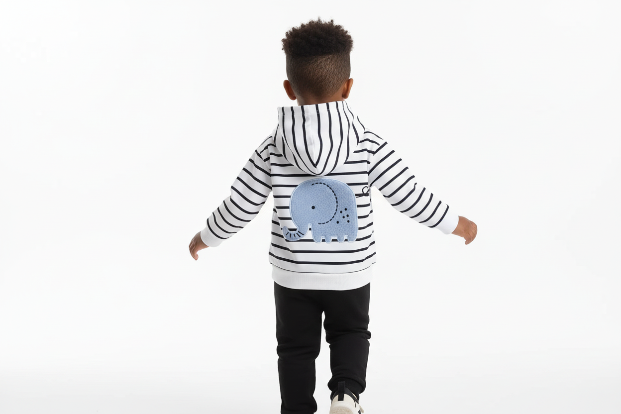 Vue arrière d'un enfant d'origine diverse portant un hoodie blanc à rayures noires avec appliqué éléphant bleu et pantalon noir
