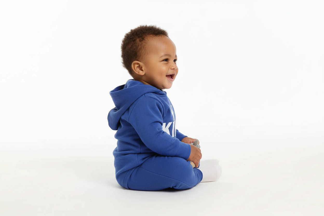 Vue de profil d'un bébé garçon d'origine diverse portant un body hoodie bleu avec texte KING et couronne blanc et pantalon bleu assorti
