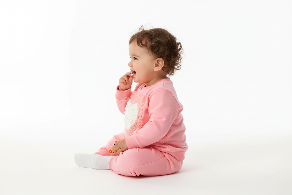 Vue de profil d'un bébé portant un sweat rose col rond avec appliqué cœur en relief rose et blanc et pantalon rose assorti
