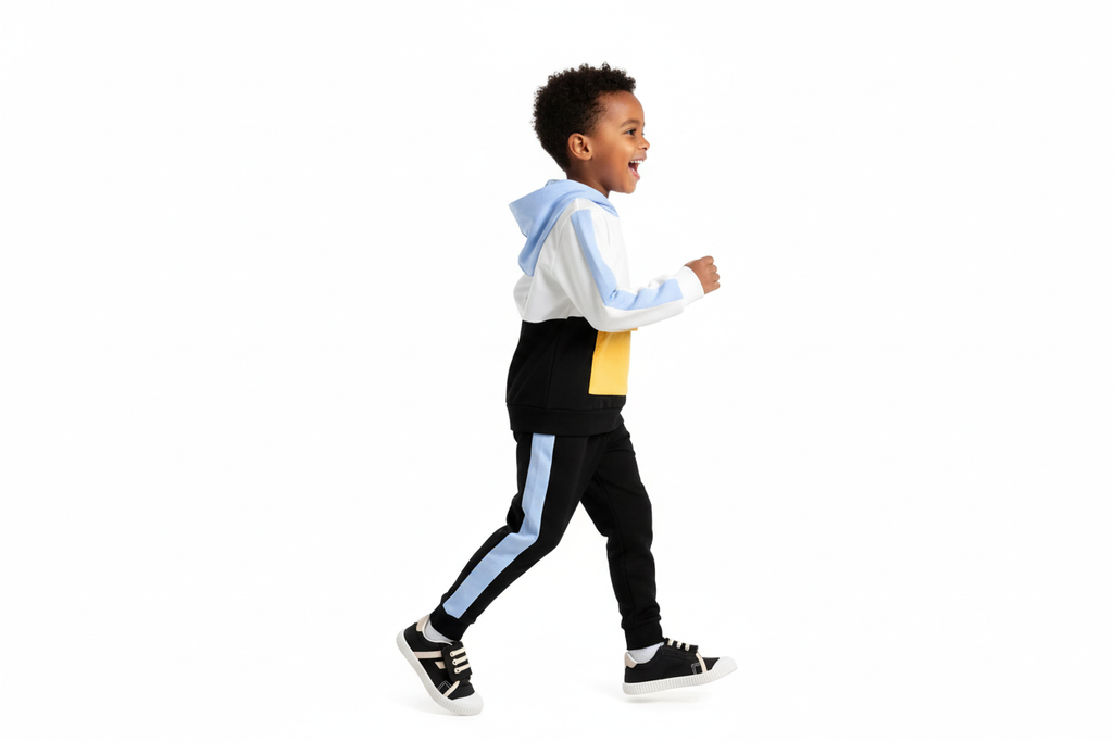 Vue de profil d'un enfant  portant un hoodie color block blanc, bleu ciel, jaune et noir avec pantalon noir à bandes bleues
