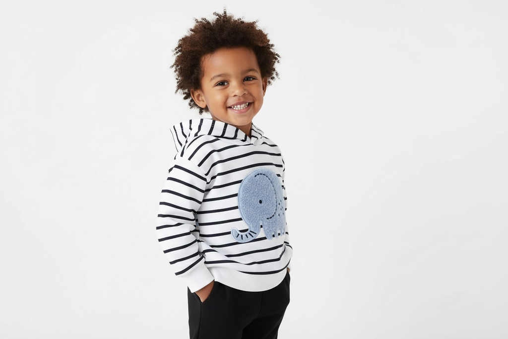 Vue trois-quarts d'un enfant portant un hoodie blanc à rayures noires avec appliqué éléphant bleu et pantalon noir

