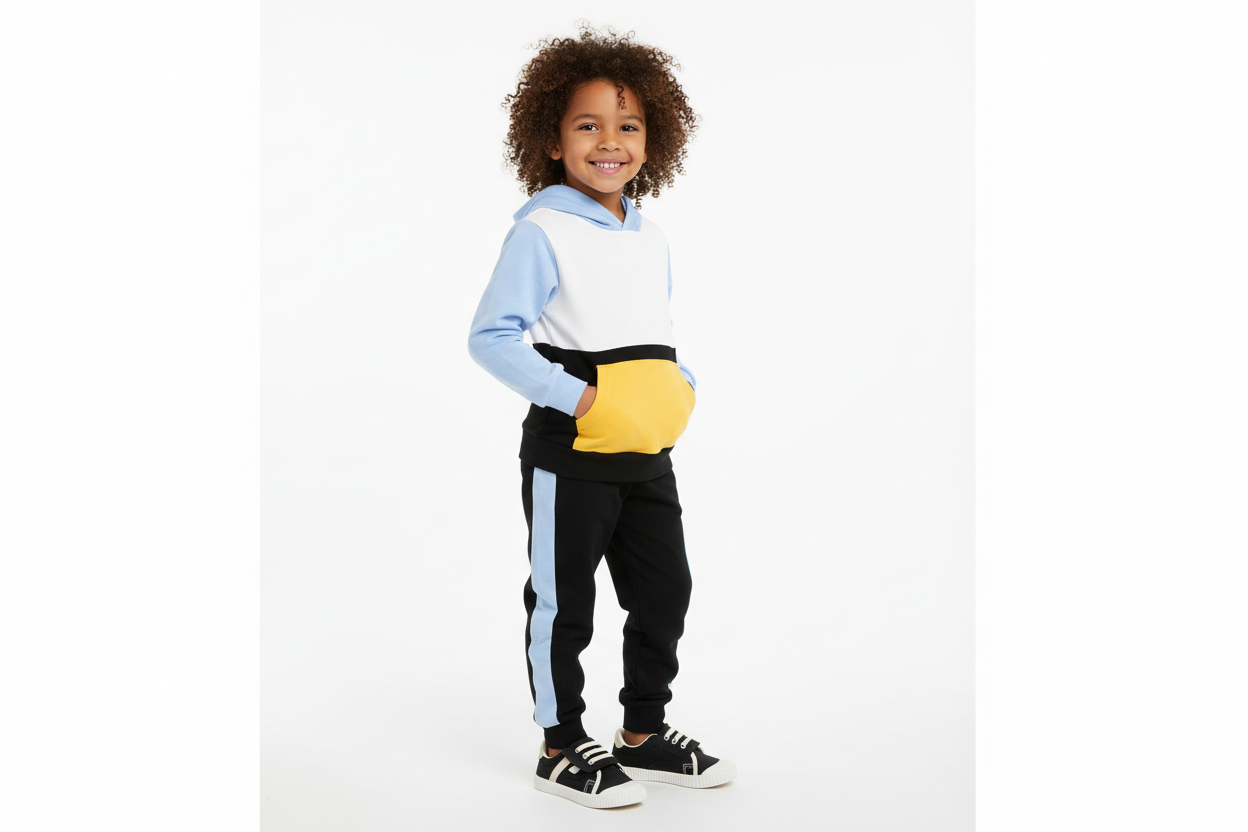 Vue trois-quarts d'un enfant portant un hoodie color block blanc, bleu ciel, jaune et noir avec pantalon noir à bandes bleues
