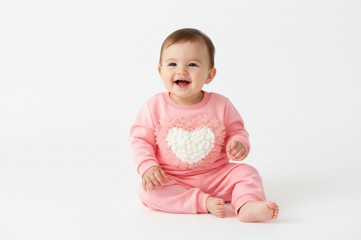 Vue trois-quarts d'un bébé portant un sweat rose col rond avec appliqué cœur en relief rose et blanc et pantalon rose assorti
