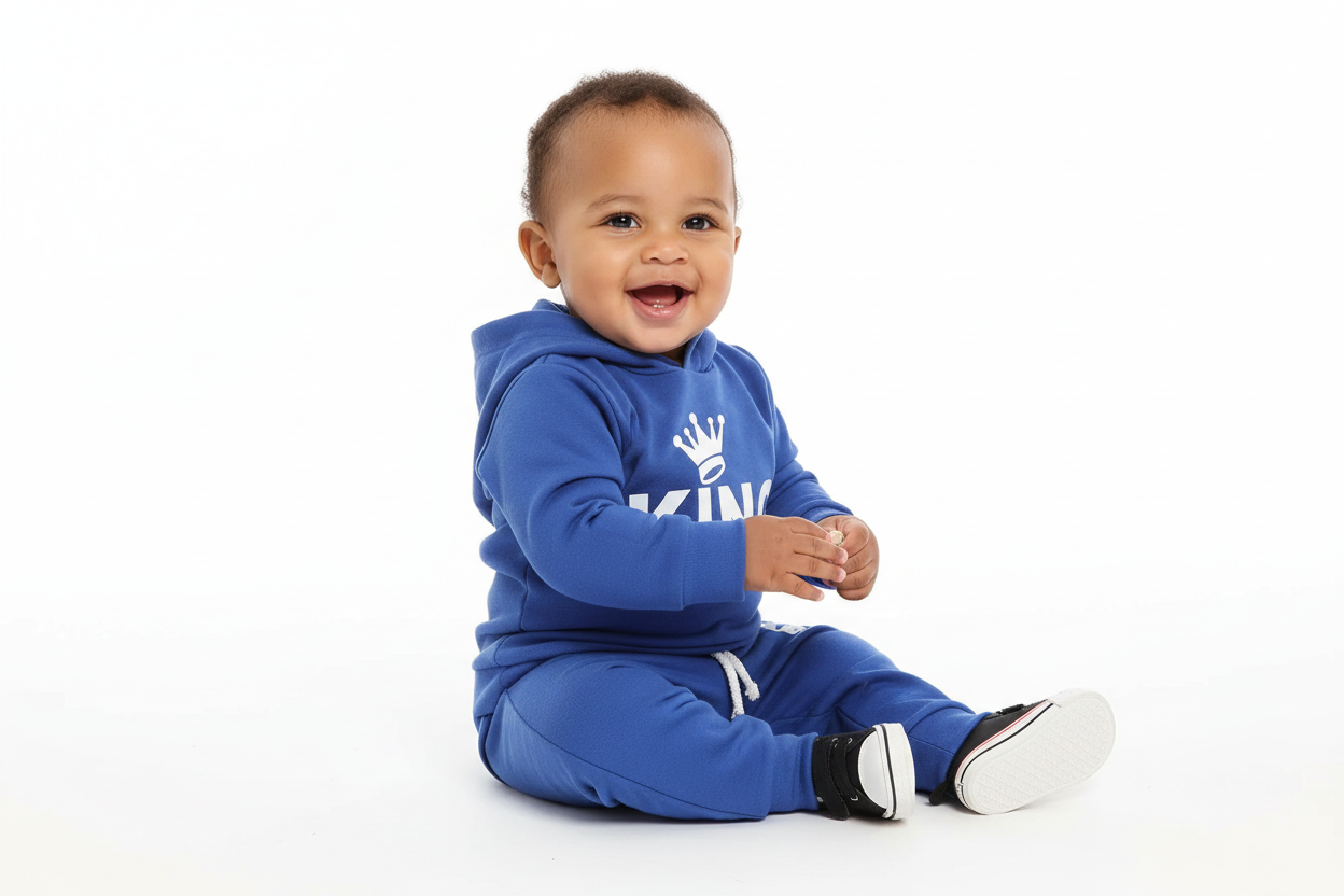Vue trois-quarts d'un bébé garçon  portant un body hoodie bleu avec texte KING et couronne blanc et pantalon bleu assorti
