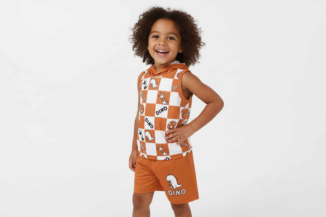 Vue trois-quarts d'un enfant portant un débardeur à capuche orange à carreaux avec motifs dinosaures DINO et short orange assorti
